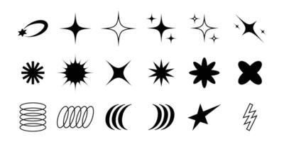Y2K decorative shapes illustration pack, inspired by the bold, shiny, and futuristic aesthetic of the early 2000s. Includes stars, sparkles, ovals, blobs, and abstract forms vector