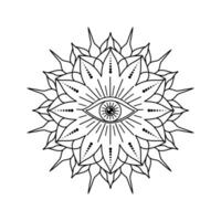Geometric mandala with an all seeing eye at the center, surrounded by weird patterns, symbolizing spirituality and enlightenment. vector