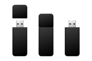Three black usb flash drives showing different opening stages vector