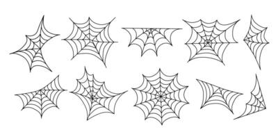 Outline spider webs in various shapes and angles, isolated on white background collection, perfect for Halloween designs, decorations, invitations,spooky graphics.Halloween Spider Elements Pack vector