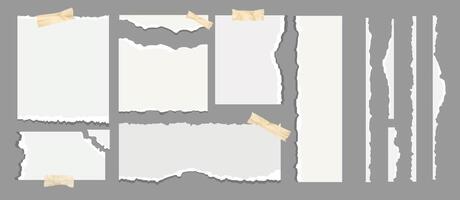 Set of realistic torn paper pieces with jagged edges and masking tape, perfect for scrapbooking, collage, mood boards, digital notes, social media templates, creative presentations. illustration vector