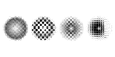 Set of circular halftone gradients with black dot patterns in different densities and transitions, ideal for comic book effects, pop art, modern posters, backgrounds, and digital graphic design. vector