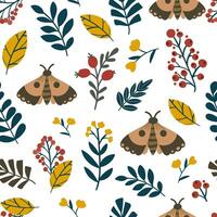 Folklore Floral Pattern with Moths berries and Autumn Leaves.Seamless pattern with moths,leaves, berries,and wildflowers in earthy tones, ideal for fabric, stationery, wrapping paper, wallpaper vector