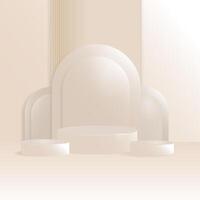Realistic beige cylindrical podium set background with arches and wall panels.3D Beige Stage Background with Geometric Shapes,for product display, branding, mockups, web design presentations. vector