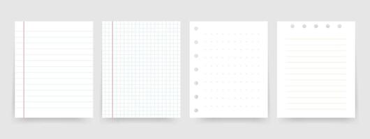 Set of blank paper templates with lined, graph, dotted, and ruled notebook pages, ideal for stationery design, digital planners, school materials, templates, and productivity tools. illustration vector