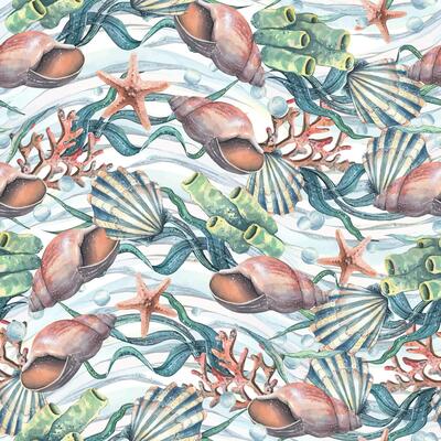 Seashells, seaweed, starfish, corals, sea sponges and pebbles, bubbles. Marine, nautical watercolor illustration of the underwater world hand drawn. Seamless pattern repeating wave ornament
