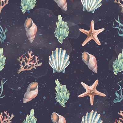 Watercolor illustration pattern starfish shells, corals, jellyfish, seahorse, water, sea, ocean. Simple childish gentle Fabrics textiles wallpaper paper background