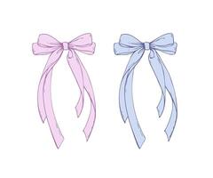 Satin bow made of fabric narrow in two layers with long twisted ribbons. Graphic sketch illustration hand drawn line art, outline in blue and pink. Single isolated element EPS, for decoration vector