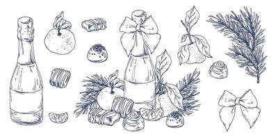 Christmas collection with tangerines, sweets, spices, champagne plants. Graphic illustration hand drawn in black ink. A set of separate isolated elements of objects EPS . vector