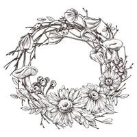 Autumn berries physalis, chokeberry rowan leaves, maple, birch, mushrooms, rudbeckia flowers, tree branches. Graphic line art hand drawn with black ink. Round wreath, frame, template for text. vector