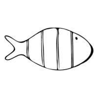 Small round fishes of simple shape rustic patterns. Graphic line art hand drawn on the theme of sea and fishing in black and white ink. Separate element isolated from the background EPS vector