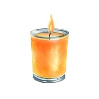 Orange decorative candle in a glass jar with fire flame. Watercolor illustration hand drawn. Isolated object on a white background. vector