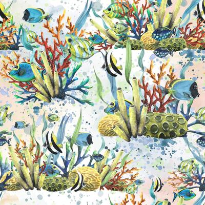 Coral reefs with algae, waves of water, fish, sea sponges, bubbles. Watercolor illustration. Seamless pattern on a blue background from the collection of TROPICAL FISH. For fabric wallpaper textiles.