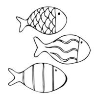 Small round fishes of simple shape with rustic patterns. Graphic line art hand drawn on the theme of sea and fishing in black and white ink. Set of elements isolated from the background EPS vector