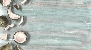 Whole and split coconuts, pieces of pulp are different in size against a background of textured painted turquoise wood. Watercolor illustration Banner for the design and design of websites, products. vector