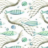 Decorative fish of blue and turquoise color swim with bubbles, shells and fishing net. Watercolor illustration hand-drawn on the theme of sea and fishing. Seamless pattern vector