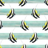 Bright, striped, black-and-white with yellow, triangular, tropical fish on a background of horizontal blue stripes. Watercolor illustration. Seamless pattern from a set of TROPICAL FISH vector