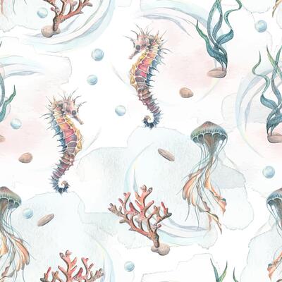 Watercolor illustration pattern starfish, shells, corals jellyfish, seahorse, water, sea, ocean. Simple childish gentle Fabrics textiles wallpaper paper background
