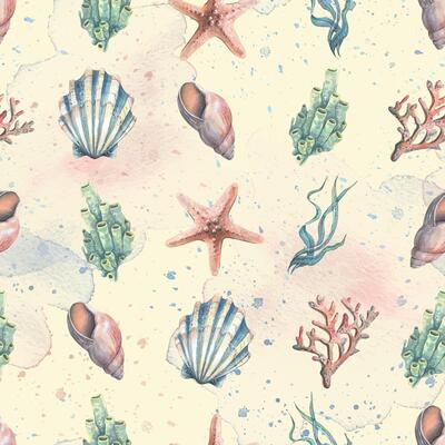 Watercolor illustration pattern starfish, shells corals, jellyfish, seahorse, water, sea, ocean. Simple childish gentle Fabrics textiles wallpaper paper background
