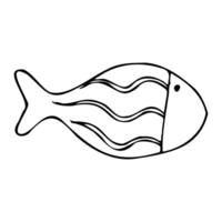 Small round fishes of simple shape with rustic patterns. Graphic line art hand drawn on the theme of sea and fishing in black and white ink. Separate element isolated from the background vector