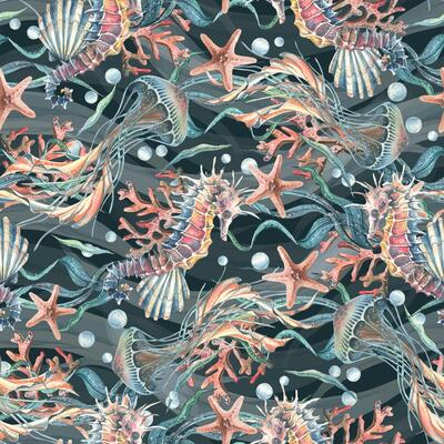 Jellyfish, seahorse, seashells, seaweed, starfish, corals, sea sponges and pebbles, bubbles. Marine watercolor illustration of the underwater world hand drawn. Seamless pattern wave ornament