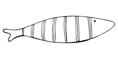 Large elongated fish of simple shape with rustic patterns. Graphic line art hand drawn on the theme of sea and fishing in black and white ink. Separate element isolated from the background vector