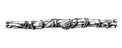 Part of a stick, branch wrapped with a rope, twine, decorative element. Graphic line drawn by hand with black ink, monochrome illustration. Isolated object EPS vector