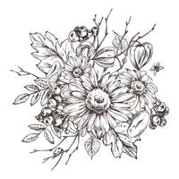 Autumn berries physalis chokeberry, rowan leaves, maple, birch, russula mushrooms, rudbeckia flowers, tree branches. Graphic line art hand drawn with black ink. Arrangement, sublimation, composition vector
