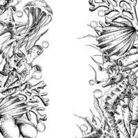Seahorse, jellyfish, seashell, coral, starfish, sea sponge, algae, pebbles and bubbles. Hand drawn graphic illustration in black and white color line art. Frame template for text on marine theme vector