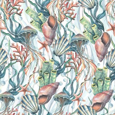 Jellyfish, seashells, seaweed, starfish, corals, sea sponges and pebbles, bubbles. Marine, nautical watercolor illustration of the underwater world hand drawn. Seamless pattern wave ornament