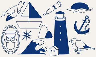 Marine icons set. monochrome sketch illustration of lighthouse, ship, anchor, seagull, sailor. Marine design elements isolated on white background vector