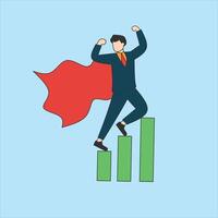 Businessman in a suit and cape climbing a bar graph. Suitable for business presentations, financial reports, success concepts, leadership illustrations vector
