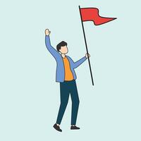An illustration of a man holding a red flag with one arm raised in triumph, symbolizing achievement and reaching a destination or goal vector