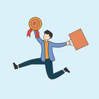 An illustration of a joyful man jumping with a number one medal signifying a top achievement, while also holding a bag representing business growth or success vector