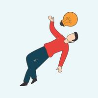An illustration of a person reaching for a glowing light bulb above their head, symbolizing the moment of having a new idea or inspiration vector