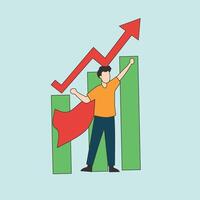 An illustration of a person with a cape standing triumphantly in front of rising green bar graphs and a red upward arrow, symbolizing success and positive growth vector