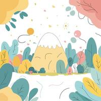 Whimsical Mountain Landscape with Colorful Trees and Pastel Nature Elements vector