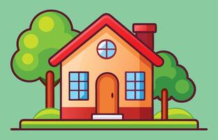 Cartoon style colorful house with red roof green trees vibrant scene with child friendly illustration vector