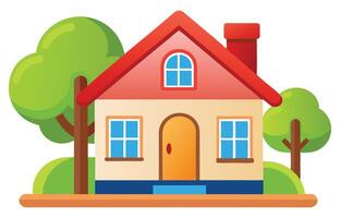 Child friendly cartoon house with red roof surrounded by trees and greenery in a cute clean style vector