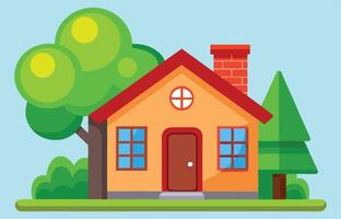 Cute house with red roof and trees around in playful cartoon style bright and cheerful landscape art vector
