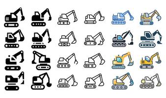 Icon set of construction vehicles cartoon style clean lines bold colors arranged in grid layout vector