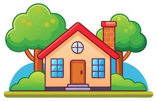 Red roof house in cartoon world with trees and bright facade in playful and colorful illustration style vector