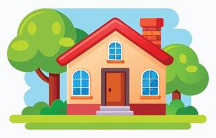 Whimsical house with red roof and trees around drawn in cartoon style with a playful fun design look vector