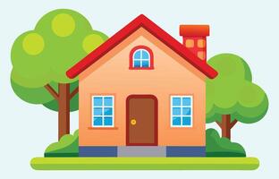 Cute red roof home cartoon style with trees and greenery bright and simple friendly illustration vector