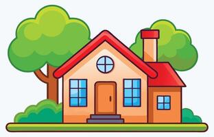 Happy house with red roof and cartoon style trees around in a lively fun and child appealing design vector