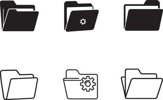 A collection of six folder icons in various styles, featuring configuration gear symbols and minimalist designs, ideal for illustrating file management and computer interface visuals. vector