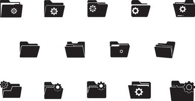A collection of minimalist black folder icons featuring gear symbols, depicting settings, organization, and file management, ideal for design projects, UI elements, or educational materials. vector