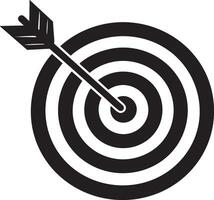 Black and white vector-style depiction of an arrow hitting the bullseye, symbolizing precision, success, and achievement in goals. vector