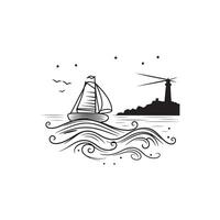 Sailing Boat and Lighthouse Scene with Waves Under Starry Night Sky vector