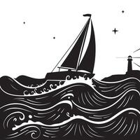 Silhouette of Sailboat and Lighthouse Under Night Sky with Rolling Ocean Waves vector